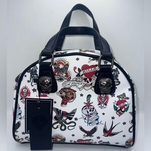 New Ed Hardy Tattoo Print Love Kills Small Bowler Bag Skull Vegan Leather NWT